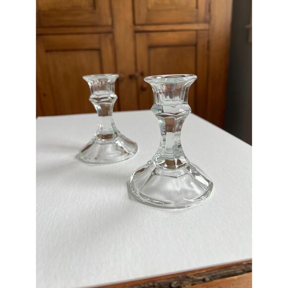 Vintage Pair of Glass Taper Candle Holders Timeless Coastal Grandmillenial Decor - Picture 3 of 6